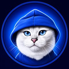 Coby The Cat logo: a silver-white British Shorthair in a blue hood