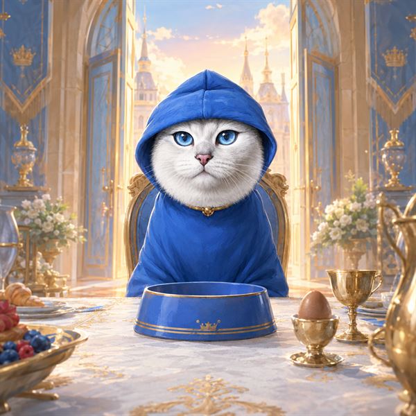 Coby in his blue hood sitting at a golden palace breakfast table in front of an empty royal blue bowl
