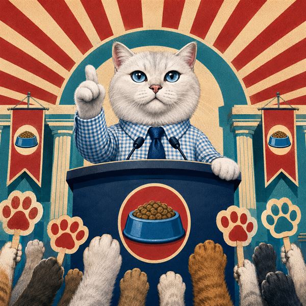 Coby in a checked shirt and tie speaking at a campaign podium while a crowd of paws holds up paw-print signs