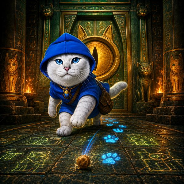 Coby in an adventurer's blue hoodie running through a golden pharaoh temple along a trail of glowing blue pawprints