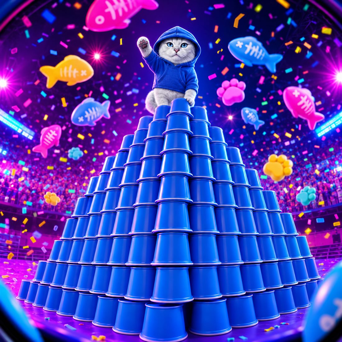 Coby in a blue hoodie waving from the summit of a giant blue cup pyramid under neon lights, confetti and floating fish toys