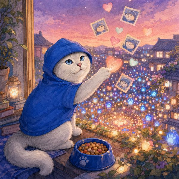 Coby at a window at sunset holding a glowing heart, looking over a town lit by thousands of blue paw-shaped lanterns, with a full bowl beside him